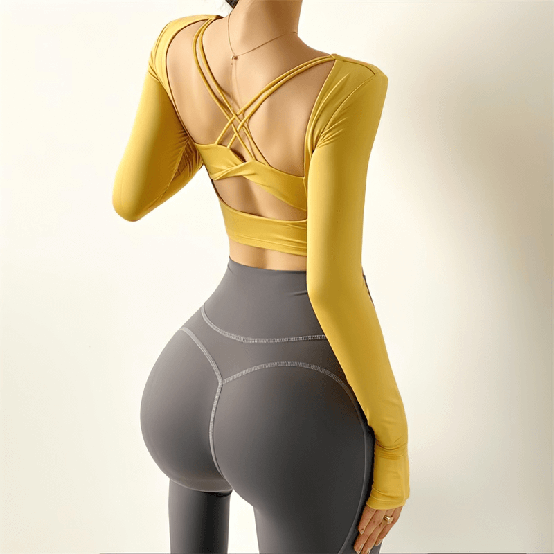 Women's yellow sexy back long sleeve sports top for yoga and running, high elastic gym wear, breathable fit, product code SF1253.