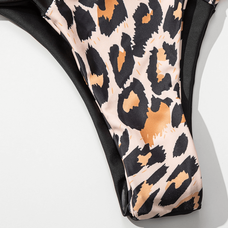 Close-up of leopard print fabric on Women's Sexy Fashion Split Swimsuit with Tie on the Back, low waist, SF1049