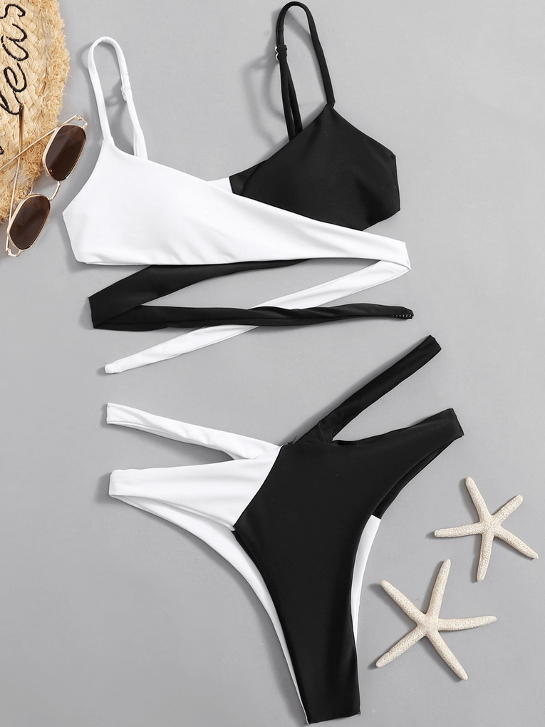 Women's sexy split swimsuit with a back tie, black and white design, low waist, perfect for beach days. Includes wire-free support.