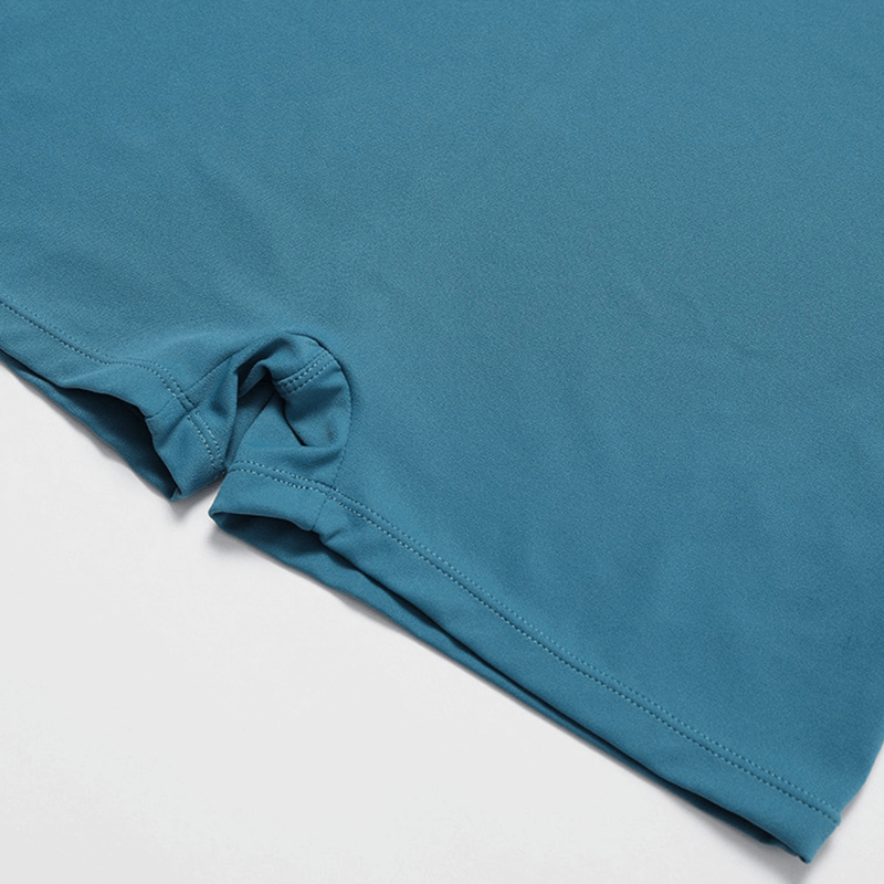 Close-up of women's short one-piece sports suit in blue, showcasing breathable and quick-dry fabric ideal for fitness training.