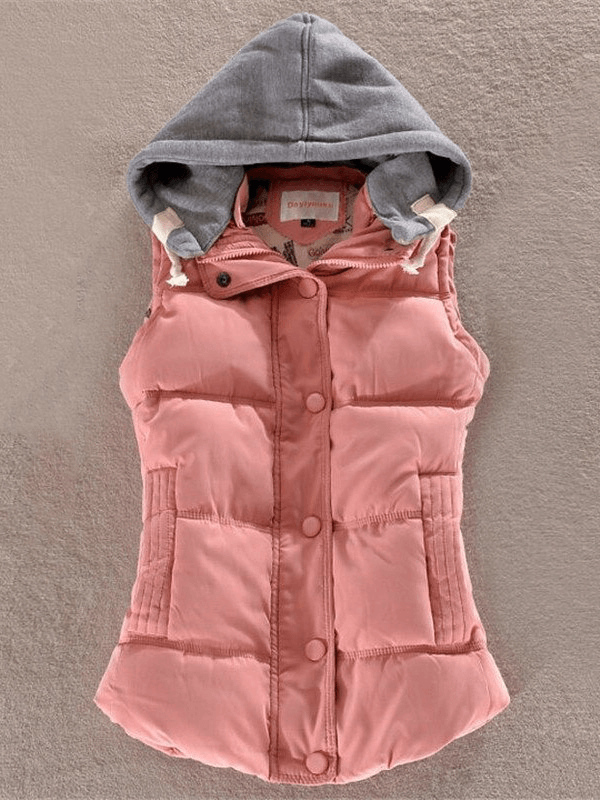 Women's sleeveless cotton jacket, elegant casual hooded vest in pink with buttons and gray hood, perfect for stylish comfort.