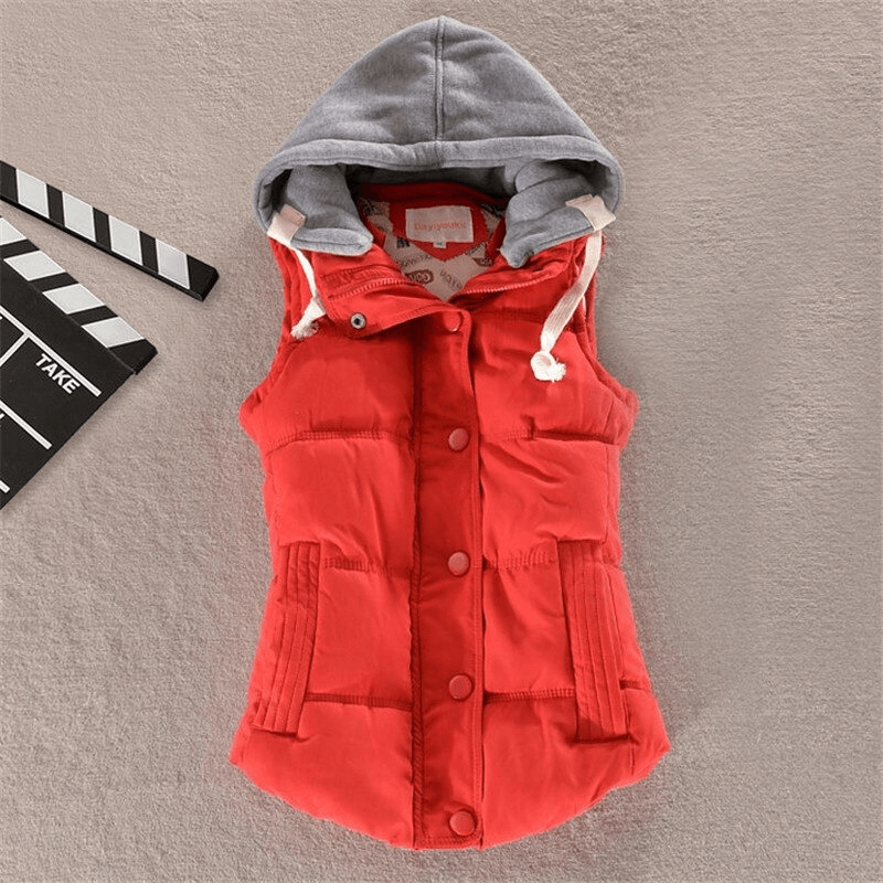 Women's sleeveless cotton jacket, elegant hooded vest with buttons, zippers, and pockets in vibrant red, casual style - SF0023.