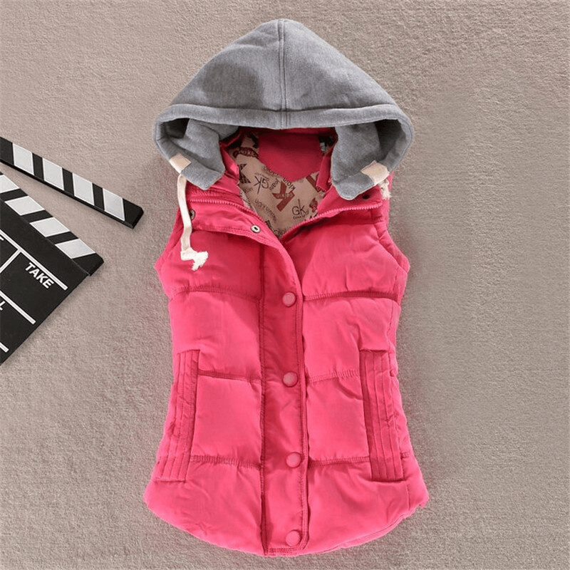 Women's sleeveless cotton jacket, elegant casual hooded vest in pink, featuring buttons and pockets, perfect for a chic look.