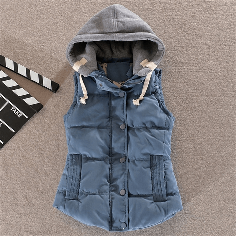 Elegant Women's Sleeveless Cotton Jacket with Hood, Short Length, Button Closure, and Pockets - Perfect for Casual Wear