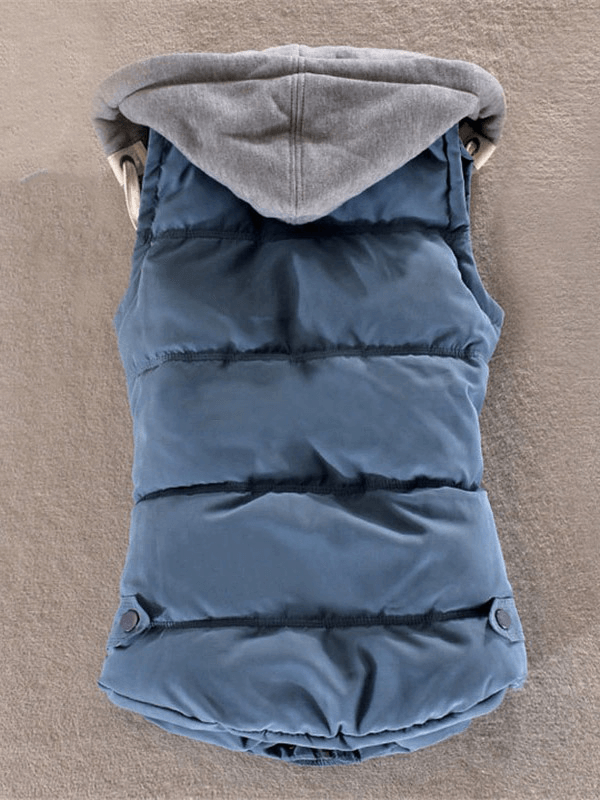 Women's sleeveless cotton jacket with hood, elegant casual vest in solid blue, back view with button details, short length.