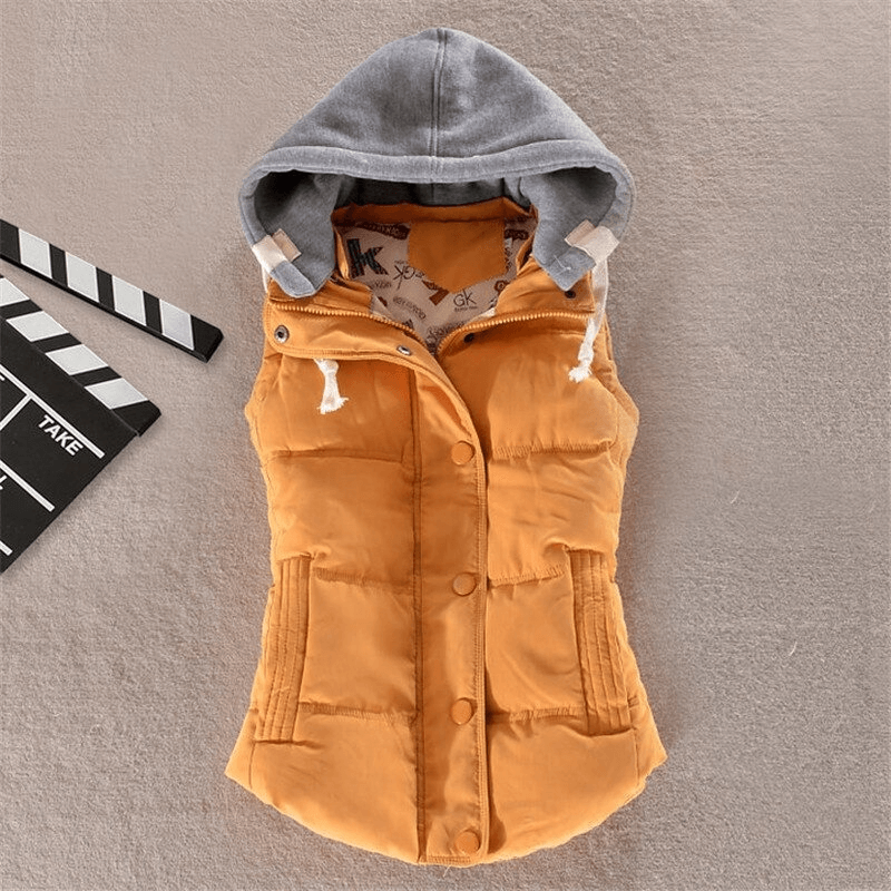 Women's sleeveless cotton jacket, elegant casual orange hooded vest with zippers and buttons, perfect for a classic look.