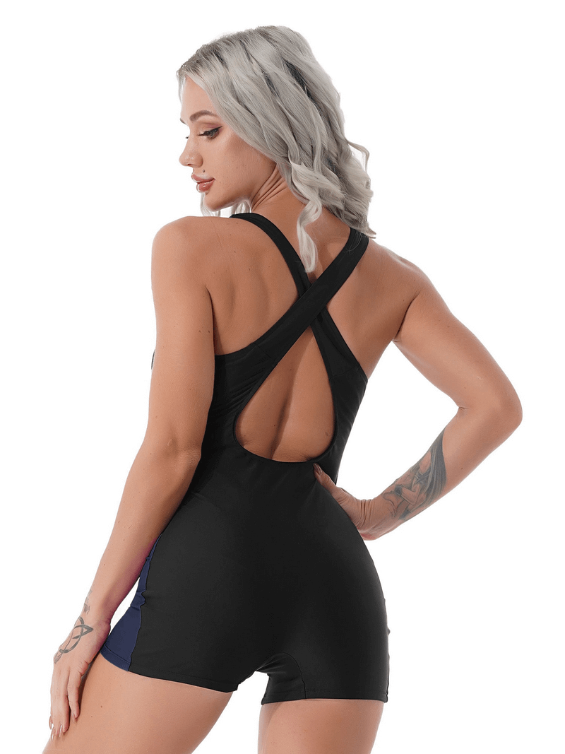 Back view of Women's Sleeveless One-piece Short Swim Jumpsuit SF1040 in sleek black with stylish cross-back design.