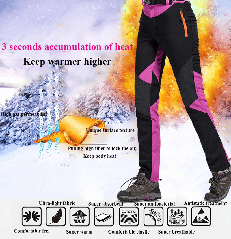 Women's Softshell Skiing Pants with heat accumulation, breathable technology, and vibrant design in snowy landscape.