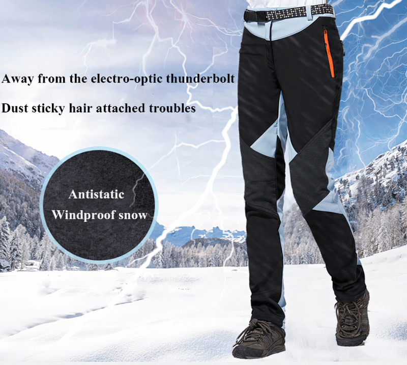 Sleek outdoor pants with antistatic and windproof features in a snowy mountain setting, perfect for skiing and hiking.