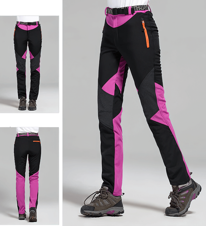 Women's Softshell Skiing Pants SF0716 in black and pink, durable fleece with zipper fly, ideal for outdoor activities and trekking.