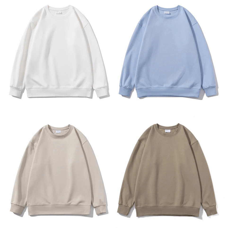 Women's solid O-neck sweatshirts in white, blue, beige, and brown; casual, comfy, lightweight cotton-polyester tops with full sleeves.