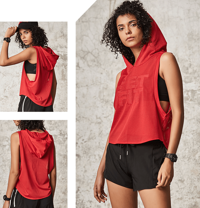 Woman wearing a red hooded mesh tank top for sports, designed for breathability and comfort during workouts like yoga and running.
