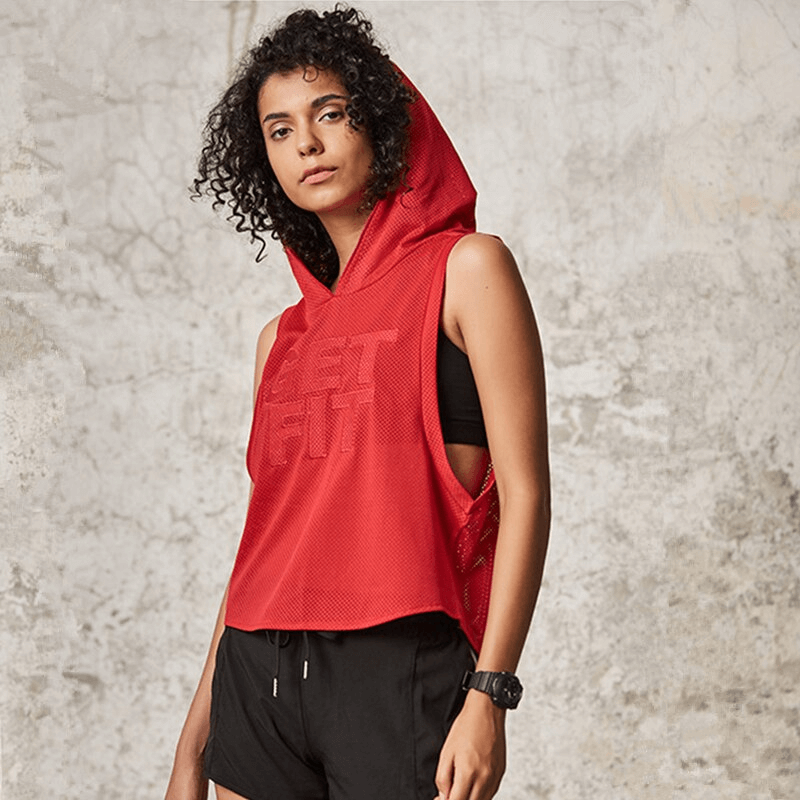 Red Women's Sports Loose Mesh Breathable Hooded Tank Top perfect for workouts, yoga, running; features quick-dry, anti-wrinkle fabric.