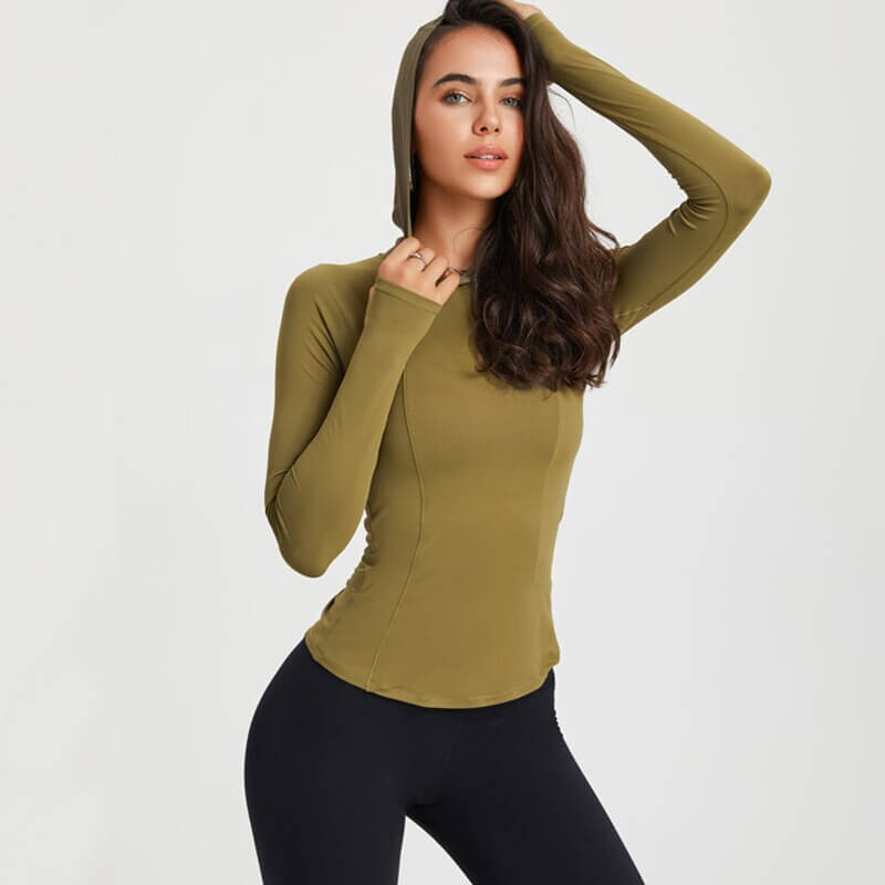 Women’s slim fit quick-dry hoodie with hood in olive green, perfect for yoga and fitness, showcasing its sleek design and sporty look.