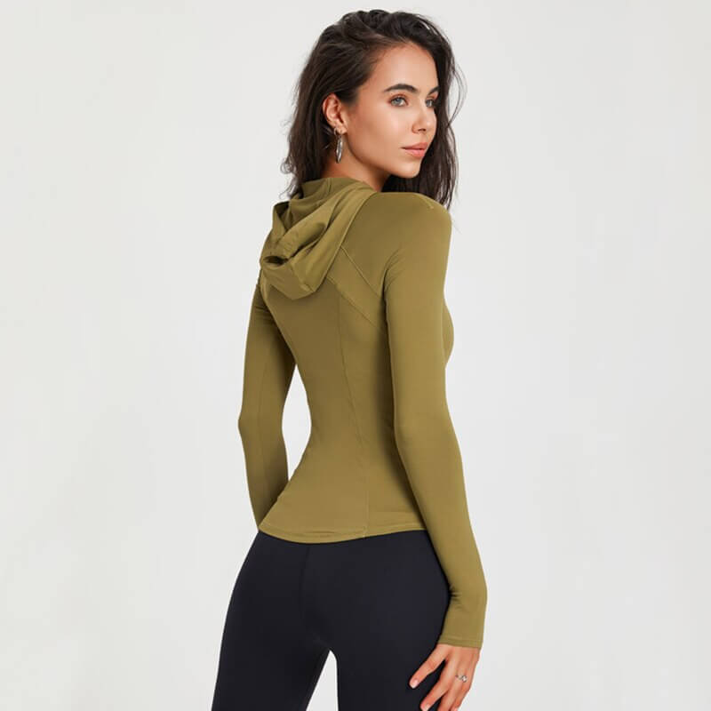 Woman wearing olive green slim fit sports hoodie with hood, showcasing back view for modern fitness enthusiasts.