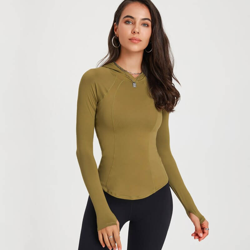 Model wearing olive green Women's Sports Slim Hoodie with hood, perfect for quick-dry workout sessions, yoga, and casual sporty style.