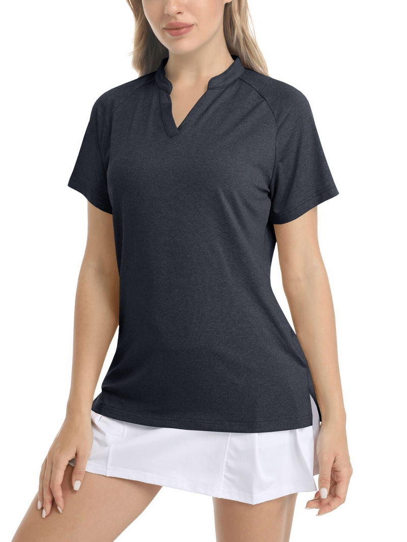 Woman wearing a women's sports t-shirt with v-neck, short sleeves, and slim fit. Perfect for casual or sporty looks.