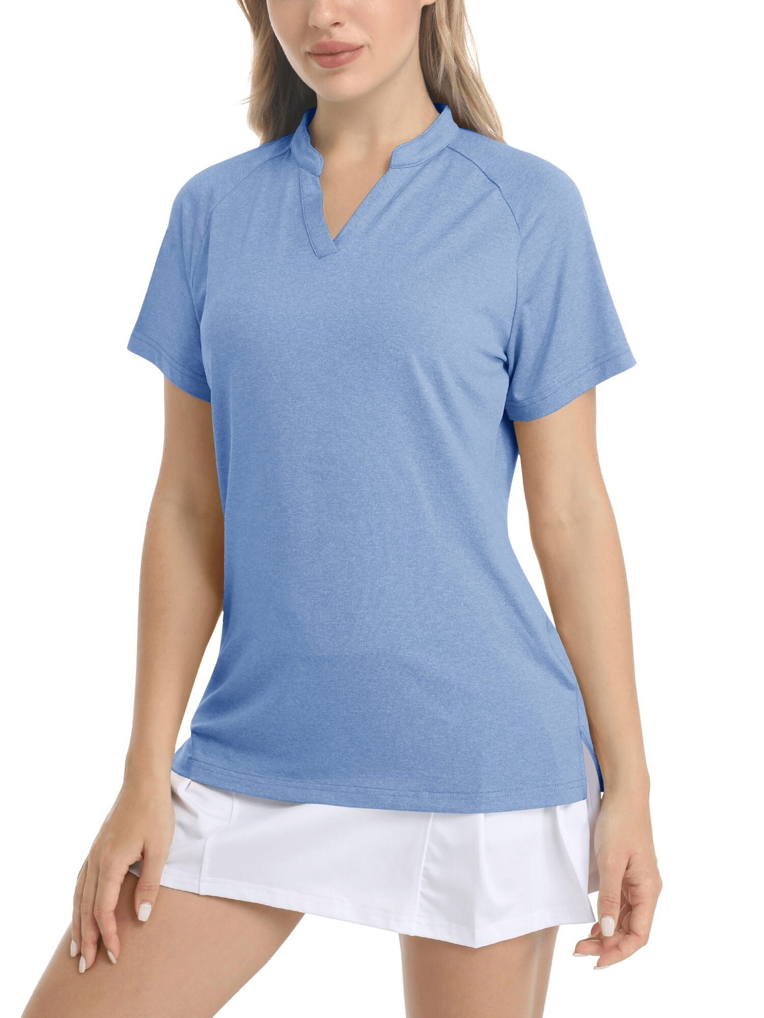 Fashionable blue women's sports t-shirt with v-neck, short sleeves, and lightweight fabric, perfect for casual or athletic wear.
