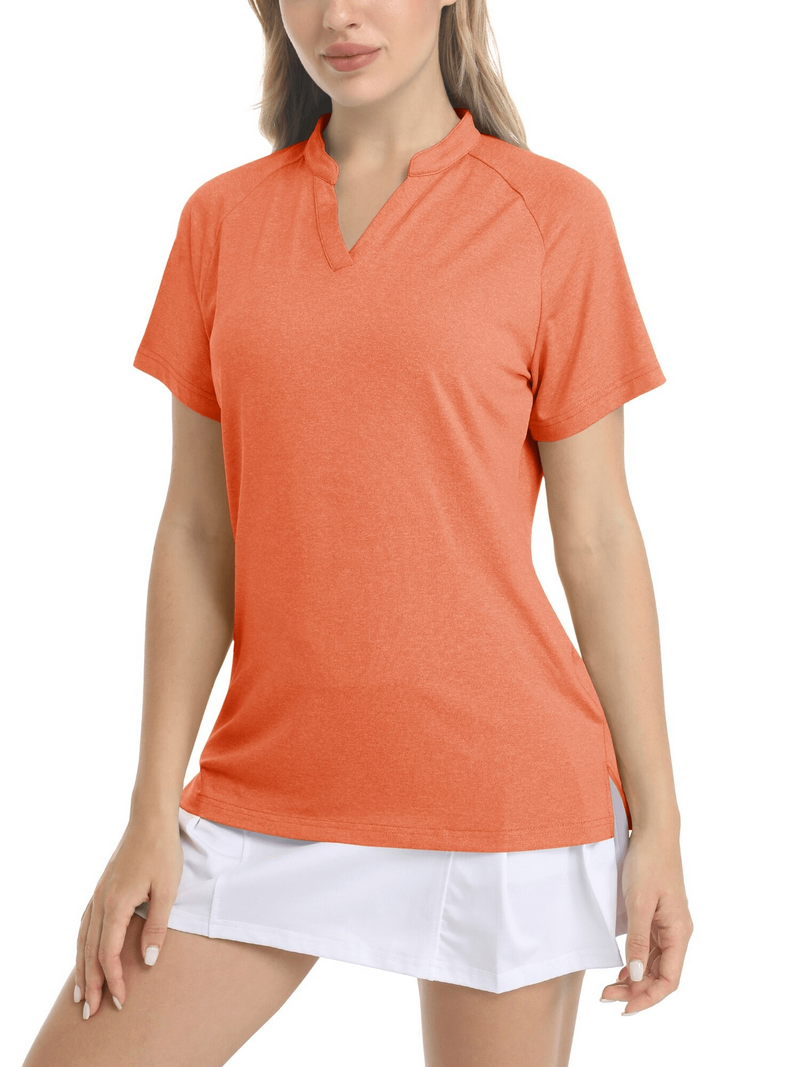 Women's orange V-neck sports t-shirt with short sleeves, perfect for casual or sporty looks, worn by a model with a white skirt.
