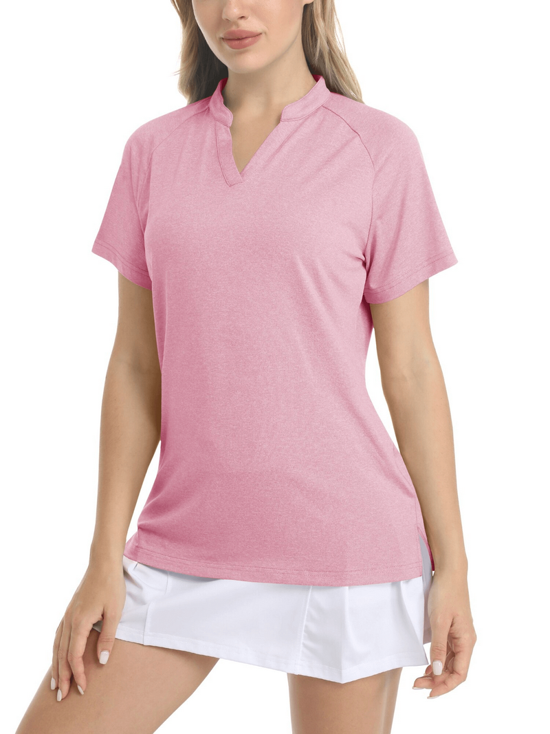 Pink women's V-neck sports t-shirt with short sleeves and a slim fit, perfect for casual or athletic wear.