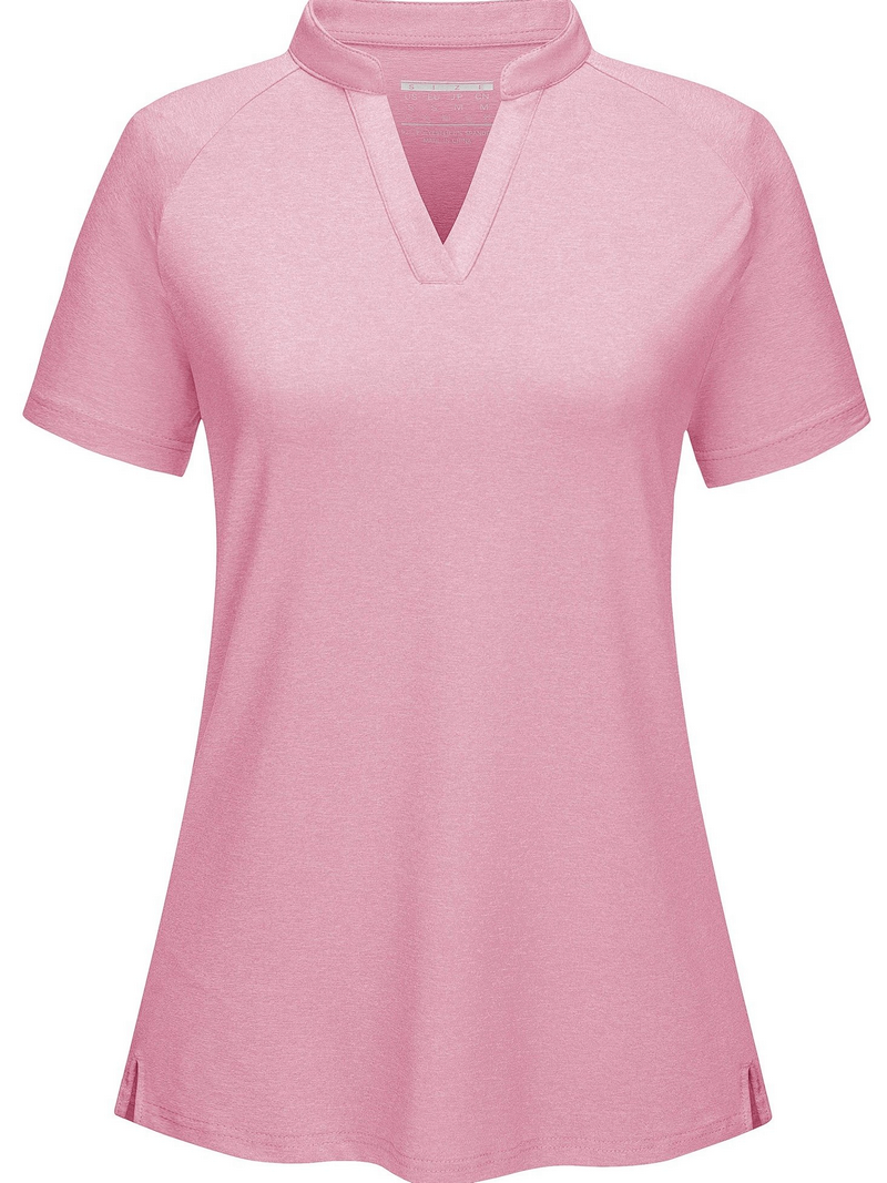Women's pink V-neck sports t-shirt with short sleeves and slim fit, made from breathable chiffon fabric. Perfect for casual or sporty looks.