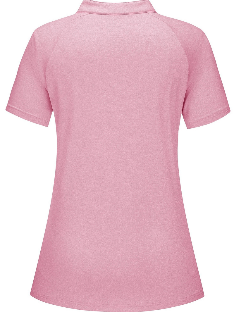 Back view of pink women's sports t-shirt, featuring short sleeves and a v-neck design, crafted from lightweight chiffon fabric.
