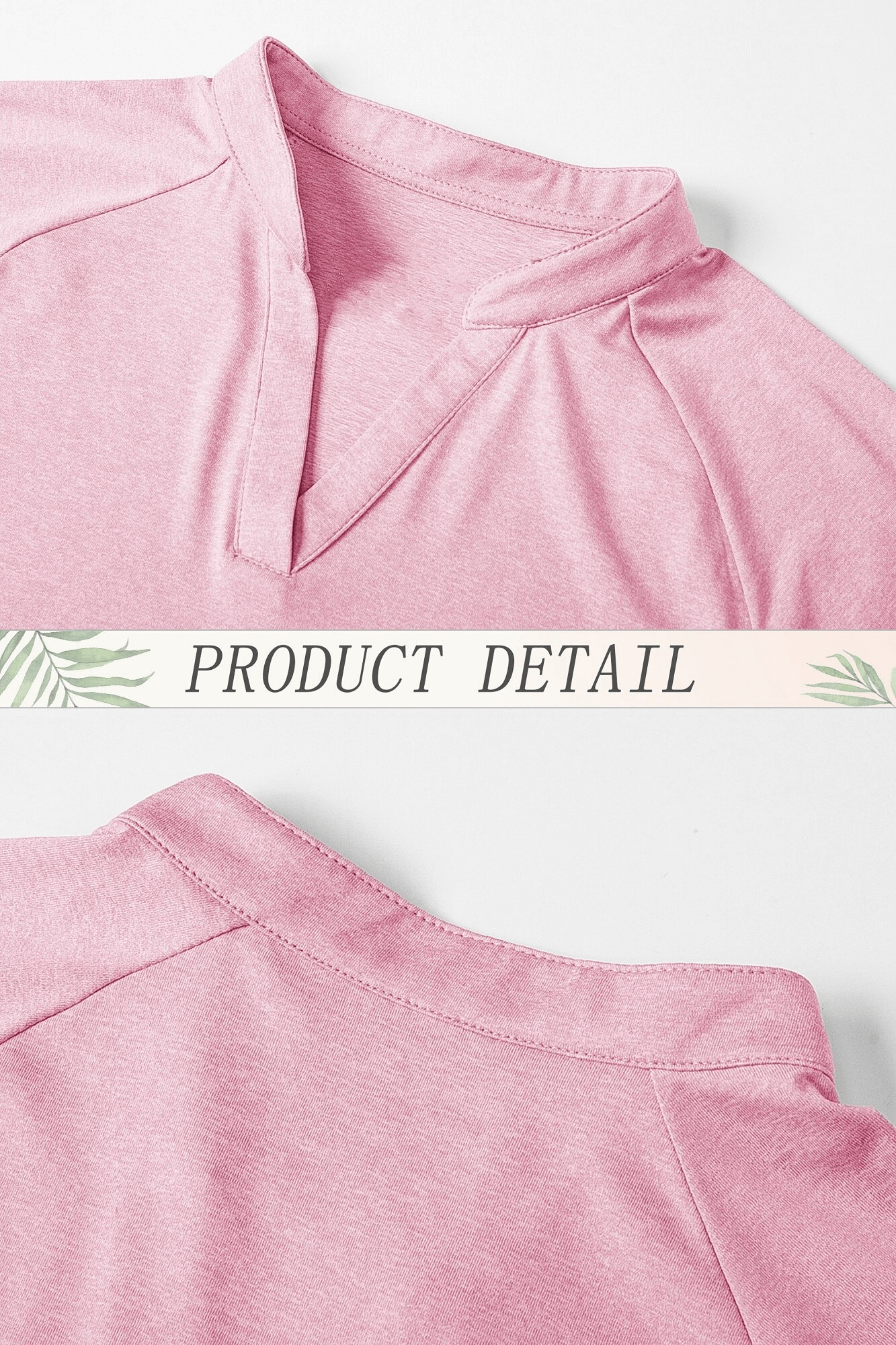 Close-up of pink women's v-neck sports t-shirt with elegant stitching and breathable fabric.