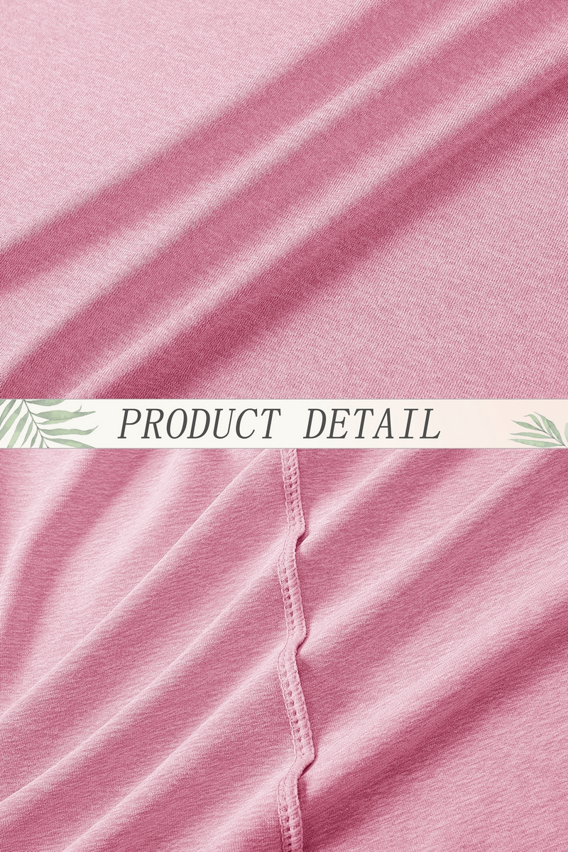 Close-up of pink chiffon fabric detail on women's v-neck sports t-shirt, showing texture and stitching.