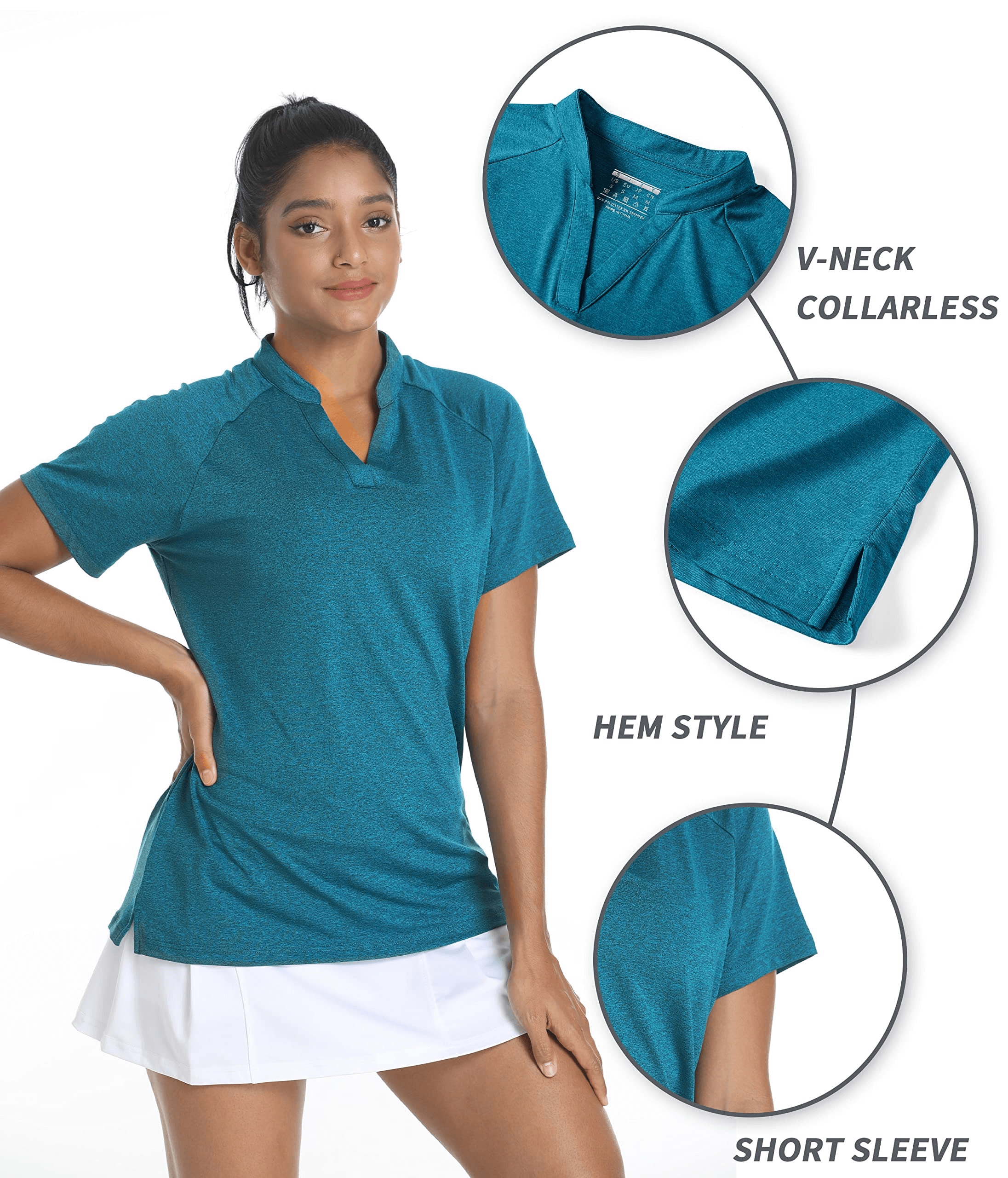 Women's blue V-neck collarless sports T-shirt with hem style and short sleeves, paired with a white skirt.