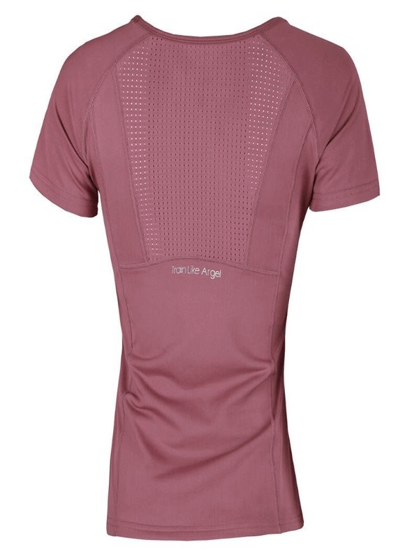 Women's quick-dry short sleeve sports T-shirt with transparent back in mauve, ideal for yoga and workouts, code SF0062.
