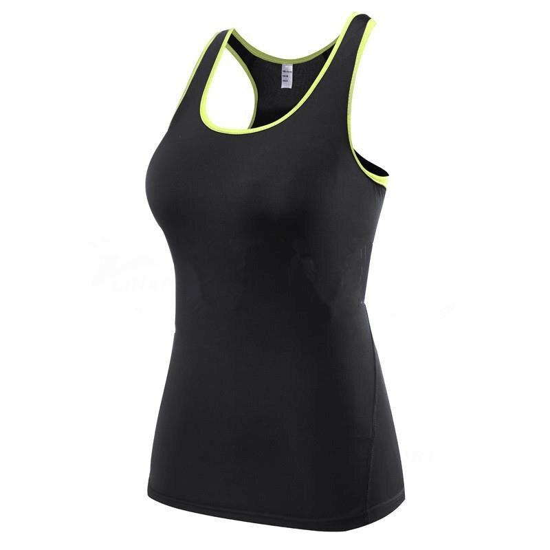 Black women's sports top with yellow trim, sleeveless, tight stretch, quick-dry fabric, ideal for cycling, tennis, and dance.
