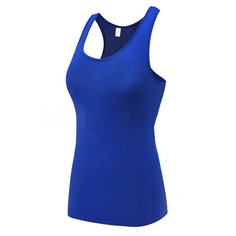 Blue women's quick dry sleeveless running top, perfect for intense activities with a blend of polyester and spandex for comfort.