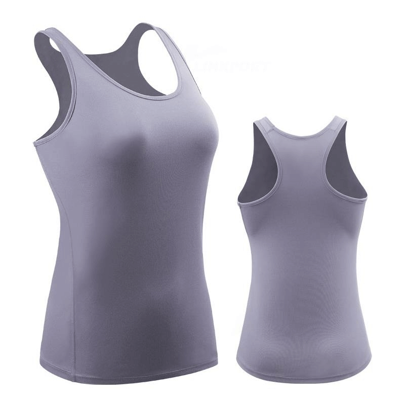 Women's quick dry sleeveless sports top in light purple, featuring tight stretch and breathable fabric, ideal for running and cycling.