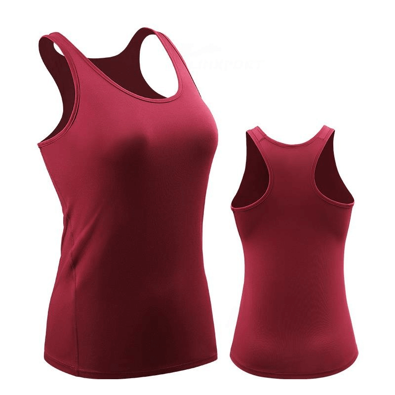 Women's maroon quick dry sleeveless running top, front and back view, made of stretchable polyester and spandex blend for comfort.