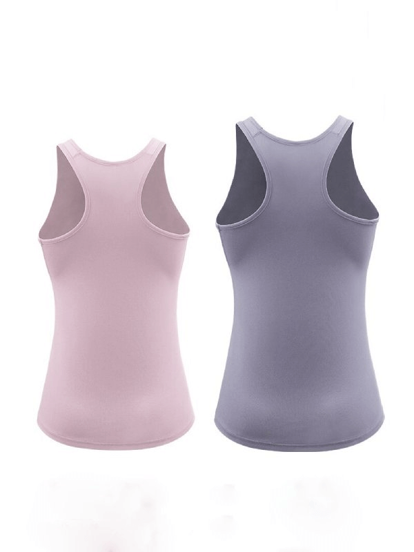 Women's quick-dry sports tops in pink and purple, featuring sleeveless design and stretchable fabric for running and workouts.