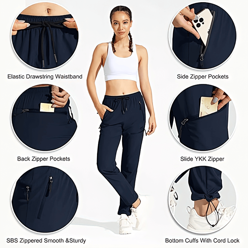 Women's waterproof quick-drying hiking pants with pockets, elastic waist, cord lock cuffs, and zippered pockets. Model wearing pants.