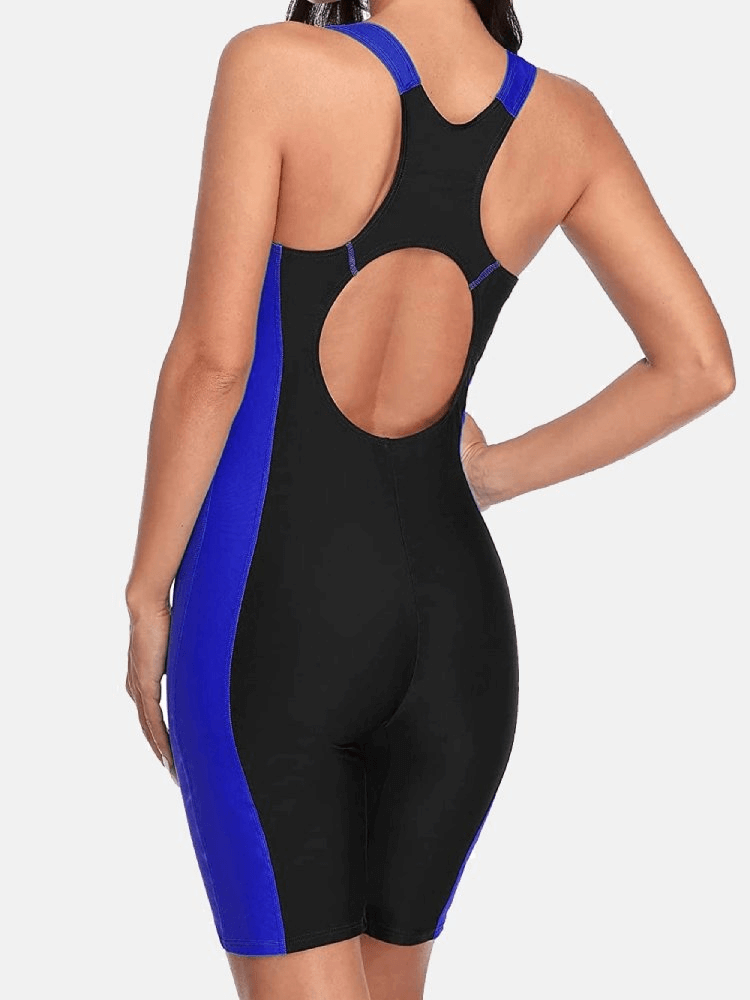 Back view of Women's Sporty Beach Knee-Length Swimwear in black and blue, featuring patchwork pattern and racerback design.