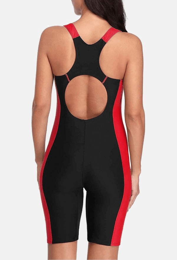 Back view of Women's Sporty Beach Knee-Length Swimwear with stylish patchwork, made of polyester and spandex for a comfy fit.