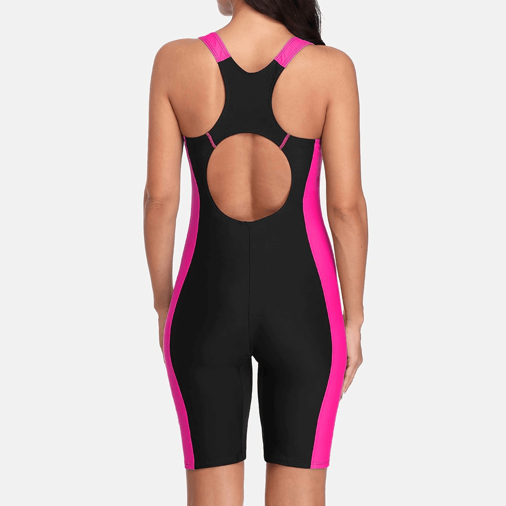 Women's sporty knee-length swimwear in black and pink, polyester-spandex blend, featuring open back design and stylish patchwork pattern.