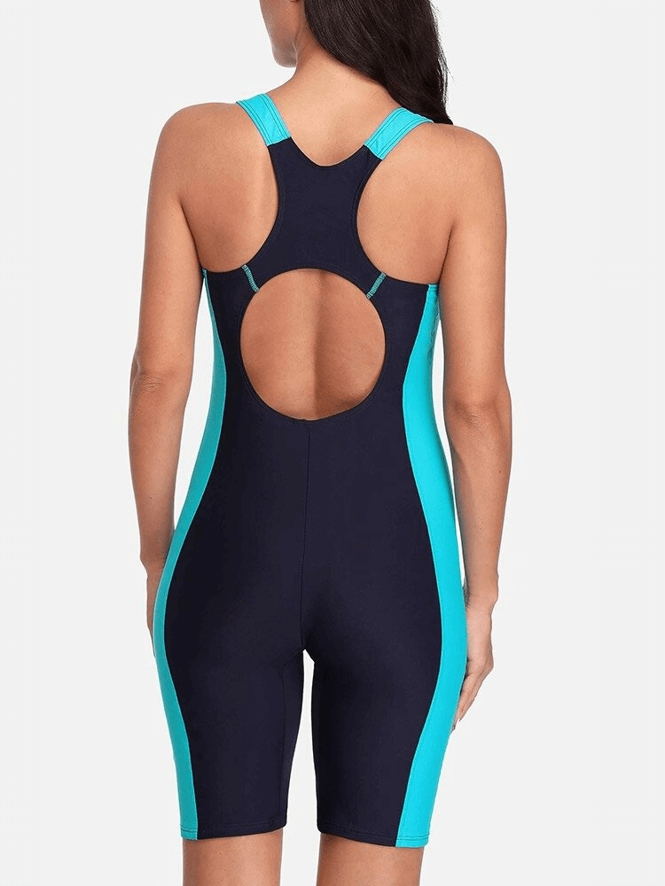 Women's sporty beach knee-length swimwear in black and blue with open back and patchwork design, perfect for swimming and comfort.