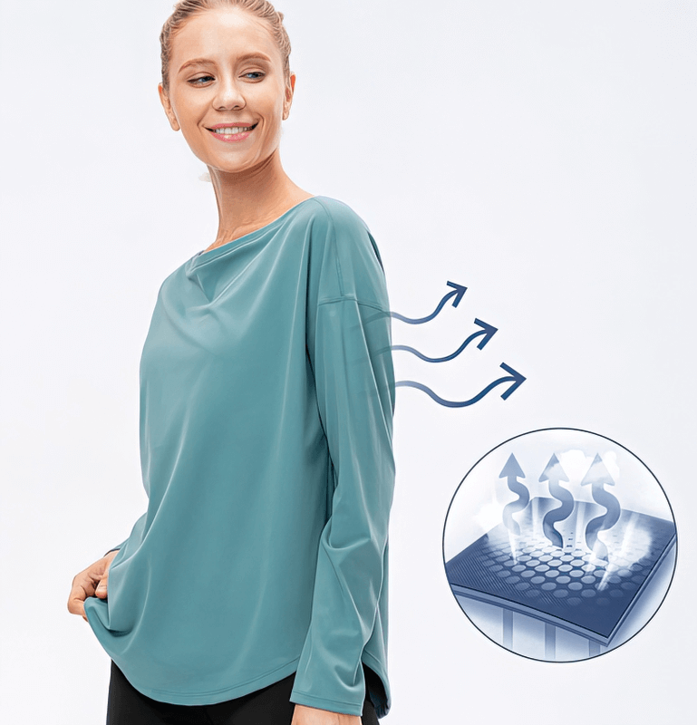 Women's sporty loose top with breathable fabric, featuring a loose neckline and long sleeves, perfect for active comfort.