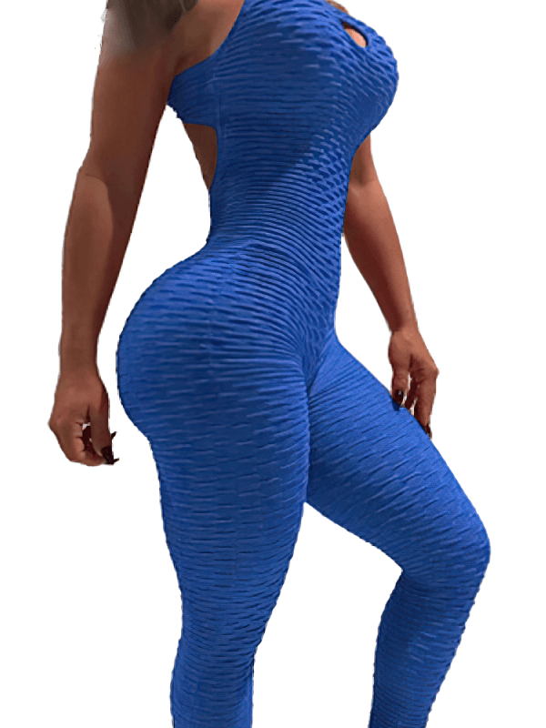 Model wearing a Women's Textured Open-Back Yoga Jumpsuit in vibrant blue, showcasing breathable fabric and stylish design for yogis.