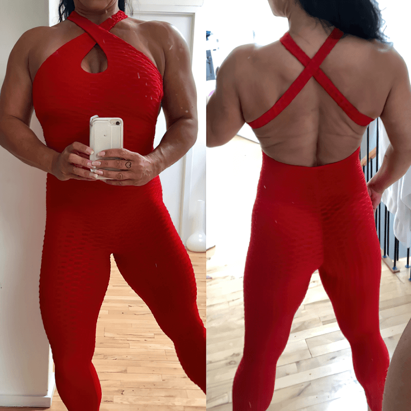 Woman wearing red textured open-back yoga jumpsuit, showing front and back view, demonstrating fit and style.