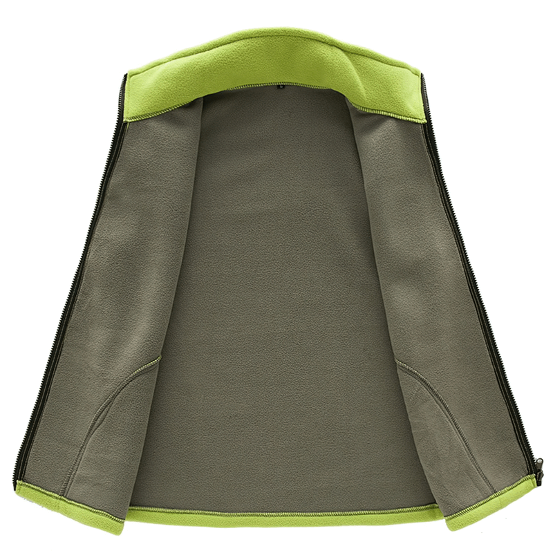 Interior view of women's thermal fleece vest SF0154 with high collar and zipper in vibrant green, showcasing lining and zip pockets.