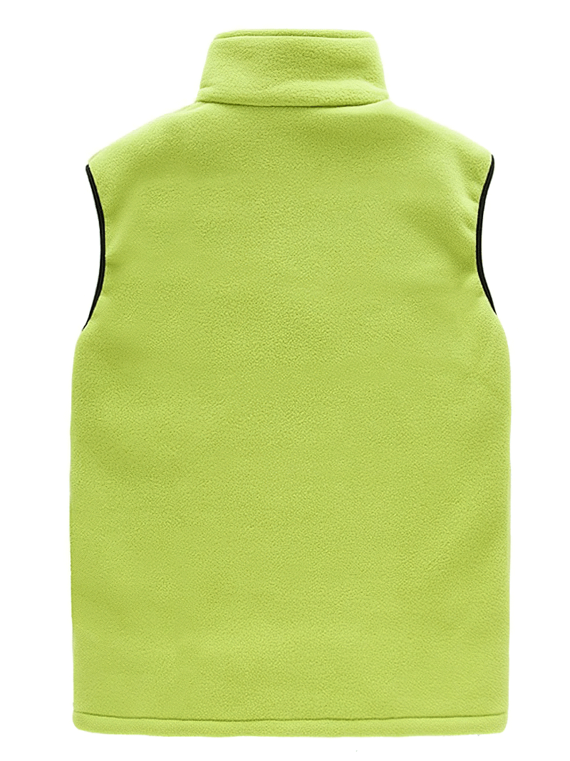 Women's thermal fleece vest with high collar in lime green, showing back view. Made from polyester with sleeveless design. Style SF0154.