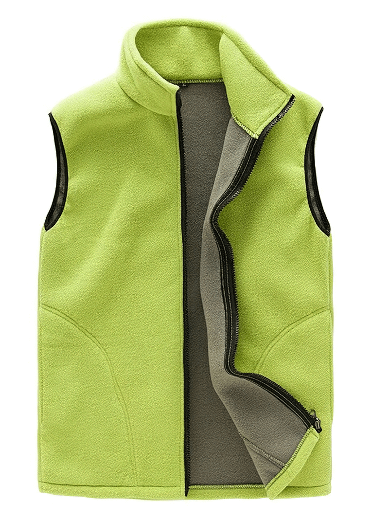 Women's thermal fleece vest with high collar, zipper, and two pockets in light green. Ideal for warmth and moisture-wicking comfort.