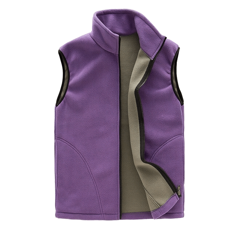Women's purple thermal fleece vest with high collar and zipper, featuring two zippered pockets, perfect for warmth and moisture-wicking comfort.