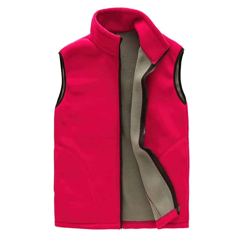 Women's thermal fleece vest with high collar and zipper; vibrant pink design; cozy polyester fabric for warmth and moisture-wicking comfort.