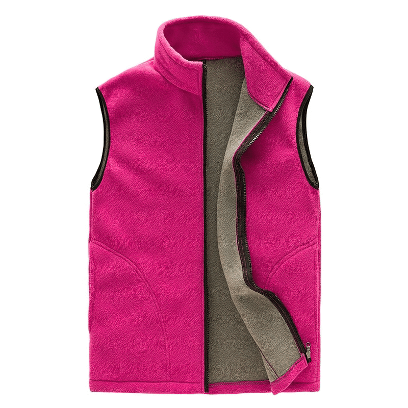 Women's thermal fleece vest with high collar and zipper in pink, featuring sleeveless design and zippered pockets. SF0154