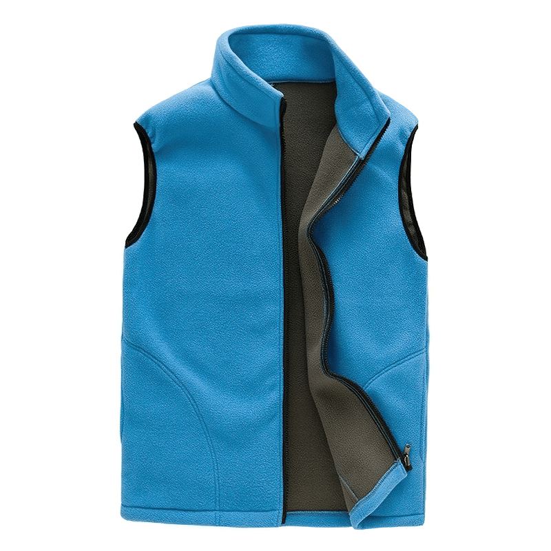 Blue women's thermal fleece vest with high collar and zipper SF0154, made from polyester, featuring sleeveless design and zippered pockets.
